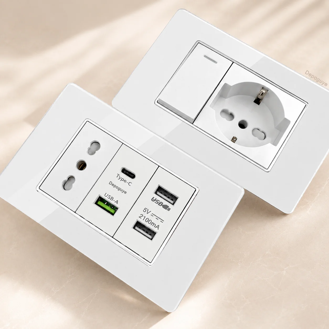 Vidro temperado branco itália usb tipo c inteligente carregamento rápido tomada de parede plugues schuko interruptor de luz painel chile tv sat computador cat6