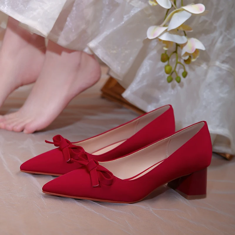 Bowknot Wedding Shoes Pregenant Daily Wear Satin Cloth Safe Confortable Pumps Bride Dress Square High Heels Elegant Single Shoes