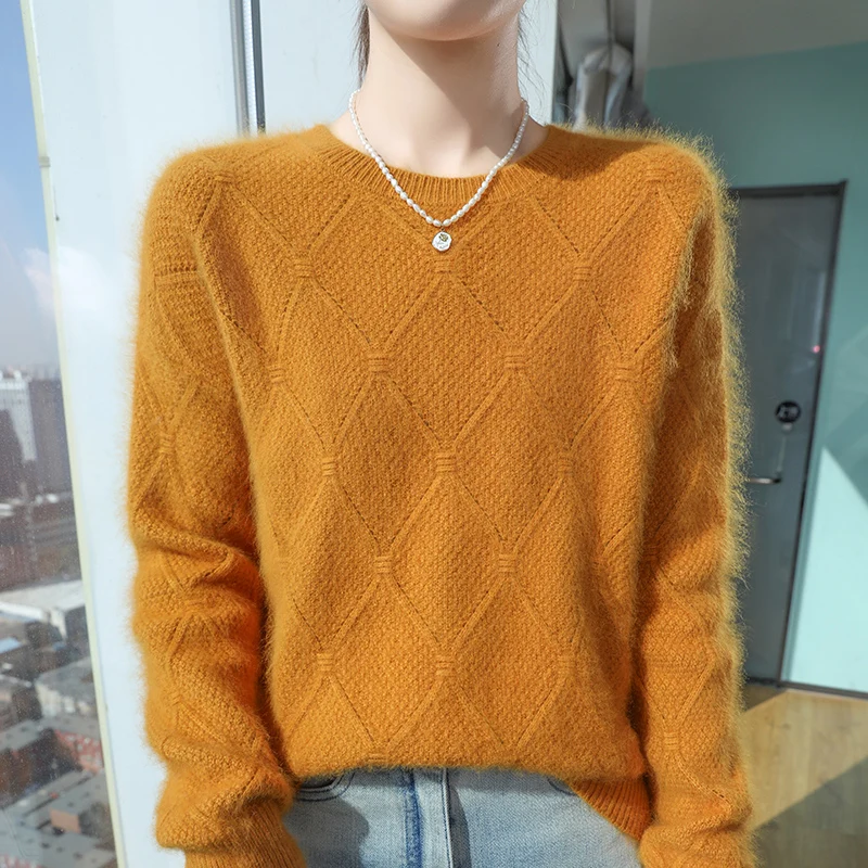 

100% Mink cashmere sweater Women's knitting sweater O-neck long sleeve pullover Autumn and winter clothing warm top