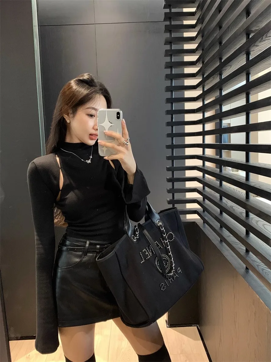 ملابس نسائية محبوكة ضيقة بياقة عالية وتصميم مفرغ، قميص أساسي جديد للخريف والشتاء بأسلوب عملي أنيق على الطراز الكوري