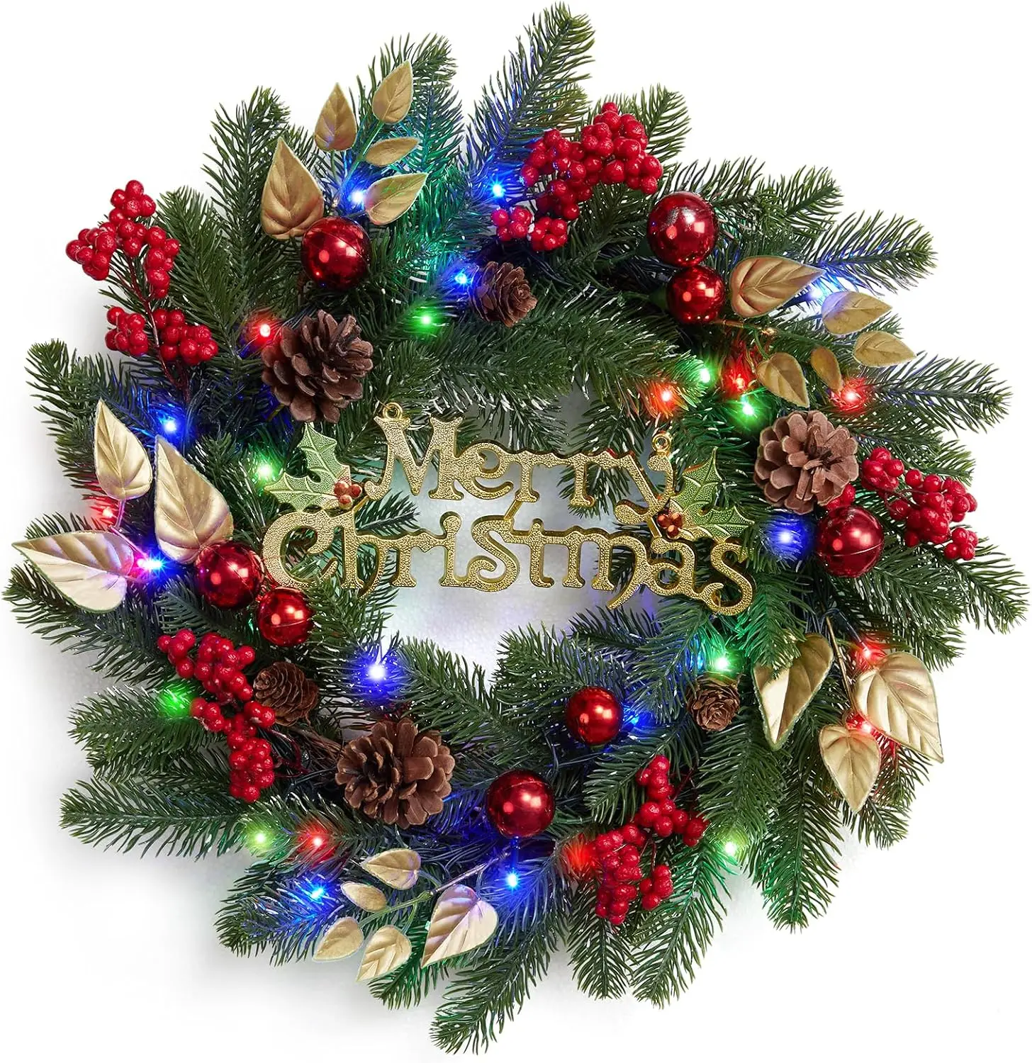 Garvee 18 Inch Pre-Lit Christmas Wreath Outdoor Lighted Christmas Wreath with Pine Cones, Berry, Colorful Lights for Front Door Artificial Xmas Wreath for Holiday Party Decorations view 2