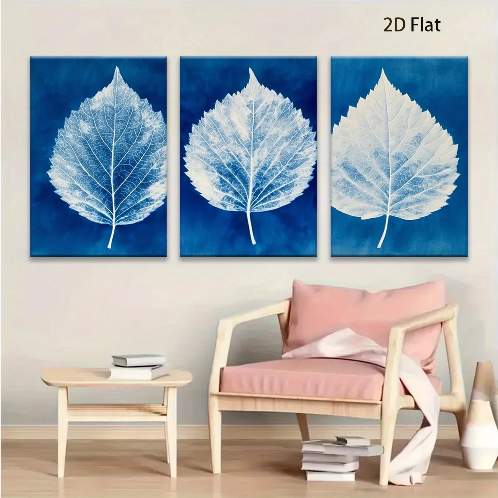 (No frame)2D Flat, 3pcs 2D Flat Elegant Leaf Art Three exquisite leaves in blueHome wall decoration poster, birthday party gi