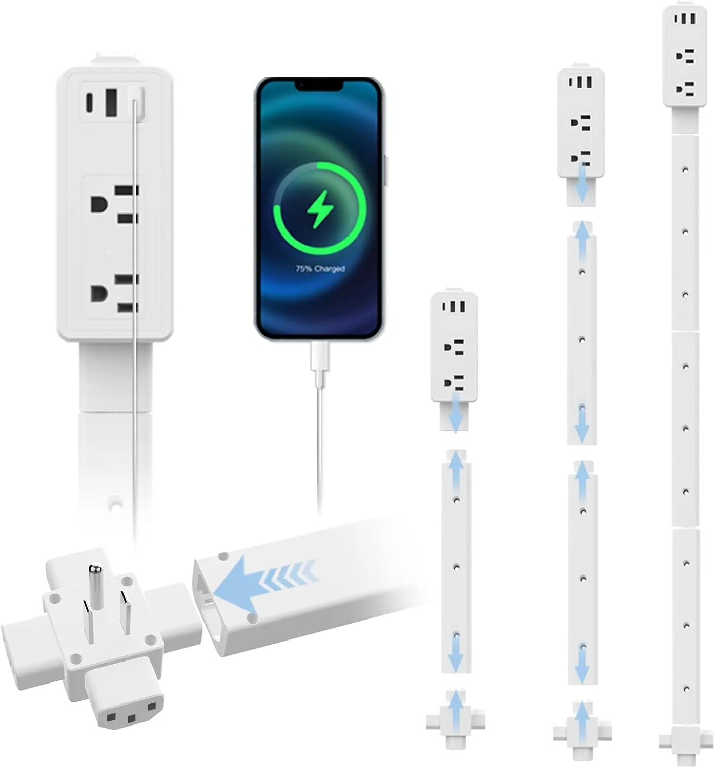 

90-Degree Outlet Extender with 2 AC, USB-A, and USB-C Ports for Hard-to-Reach Areas