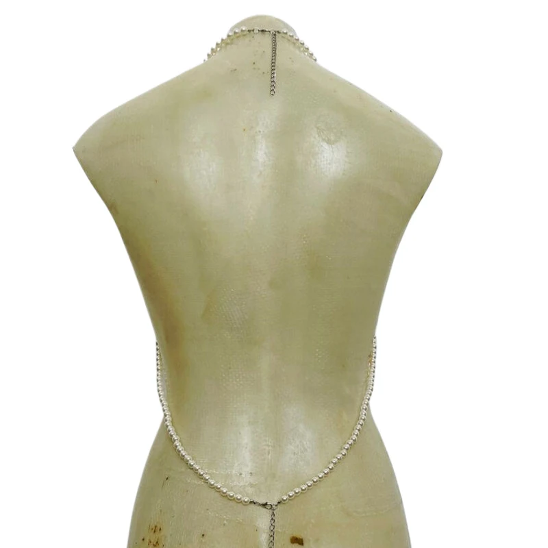 Mehrschichtiges Perlen-Neckholder-Bodychain-Top, weiß, mit Kunstperlen, Brustgurt, Hochzeits-Bodyschmuck, Abend-Rave-Crop-Top – Detail 9