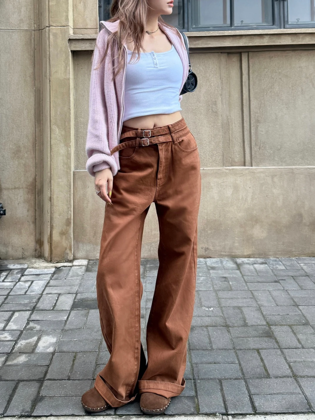 

Джинсы MungsEra Original с высокой талией и широкими штанинами, с двойным поясом, двухцветные, женские, для повседневной носки, из хлопка, на молнии