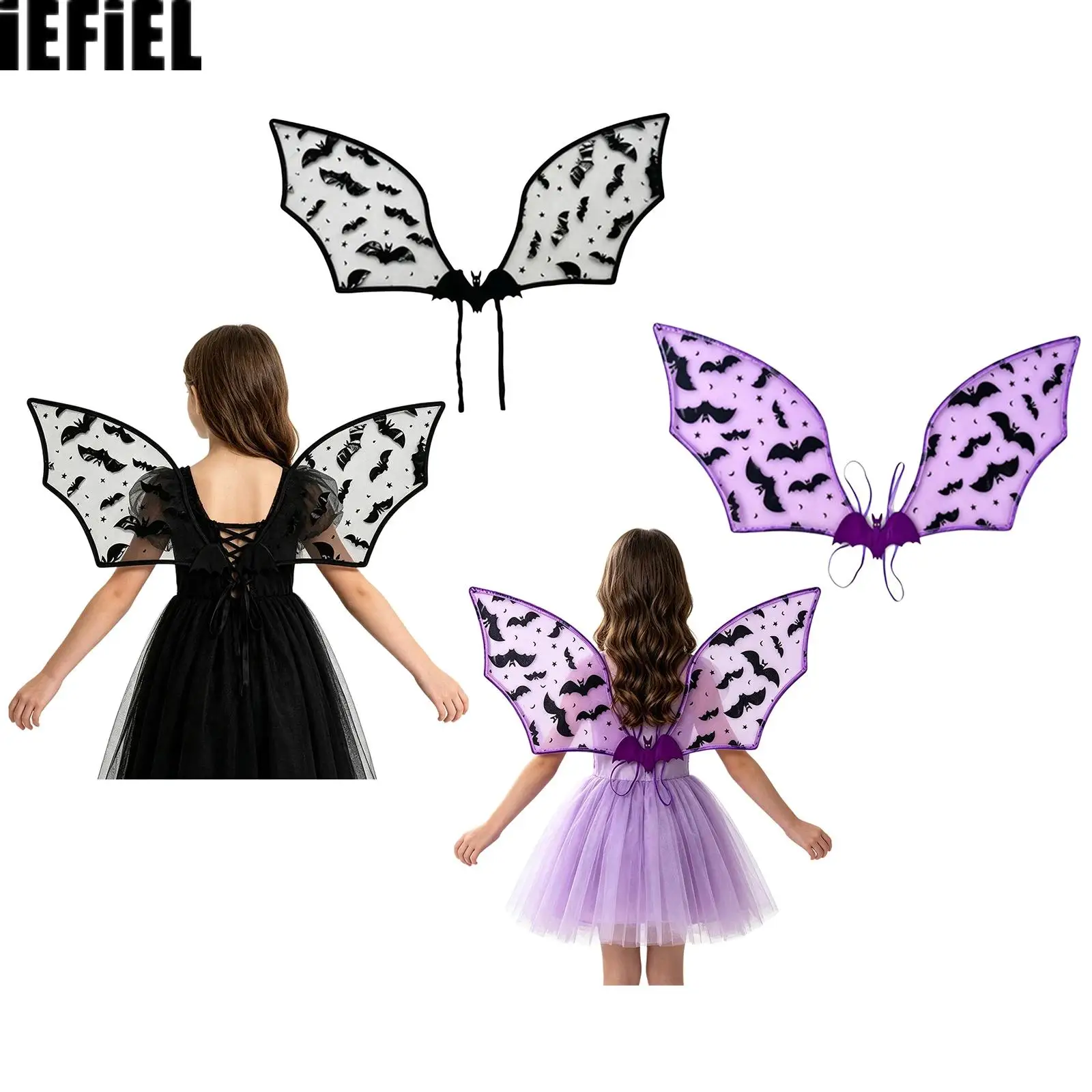 Kids Bat Pattern Devil Bat Wing Sheer Mesh Foldable Wing with Ribbon Tie Halloween Cosplay Accessory Party