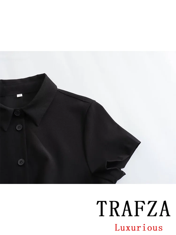 TRAFZA Vintage Chic Black Women Dress Solid Short Sleeve Straight Mini Vestidos Fashion 2024 Spring Office Lady Ruffles Dress