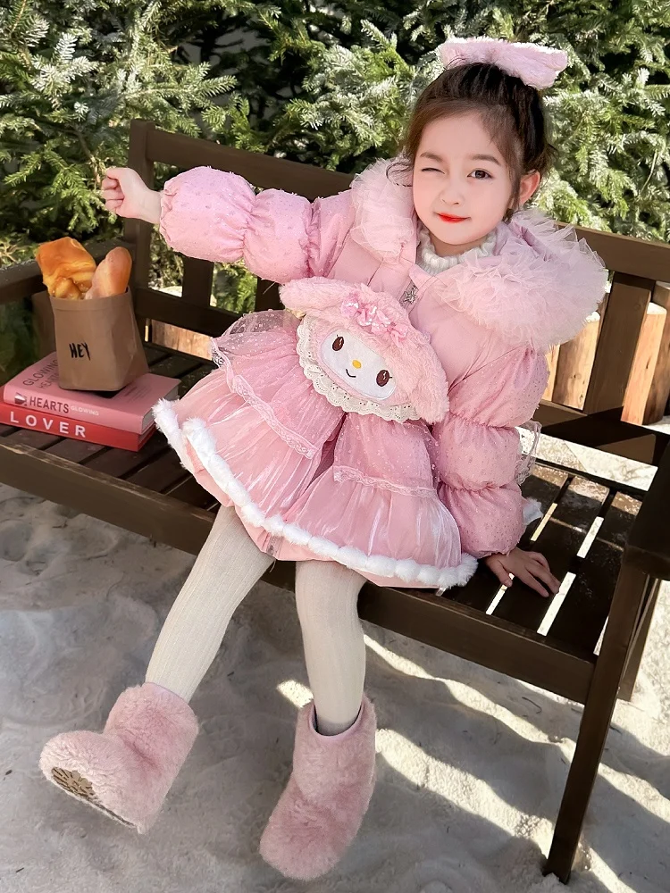 Thiened down Jaet Casaco de inverno infantil para meninas Meileti GINGER DOG branco Du pena casaco quente comprimento médio com capuz