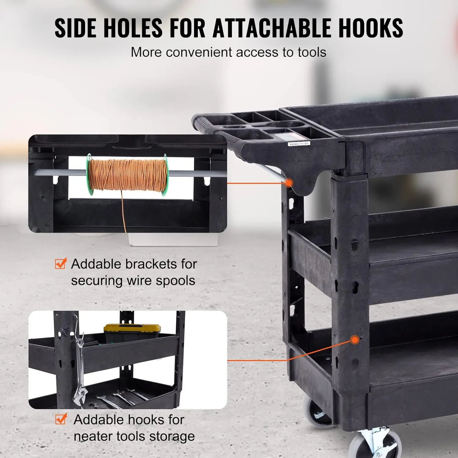 Utility Service Cart, Heavy Duty 3 Shelf 550LBS Plastic Rolling Utility Cart with 360° Swivel Wheels (2 with Brakes)