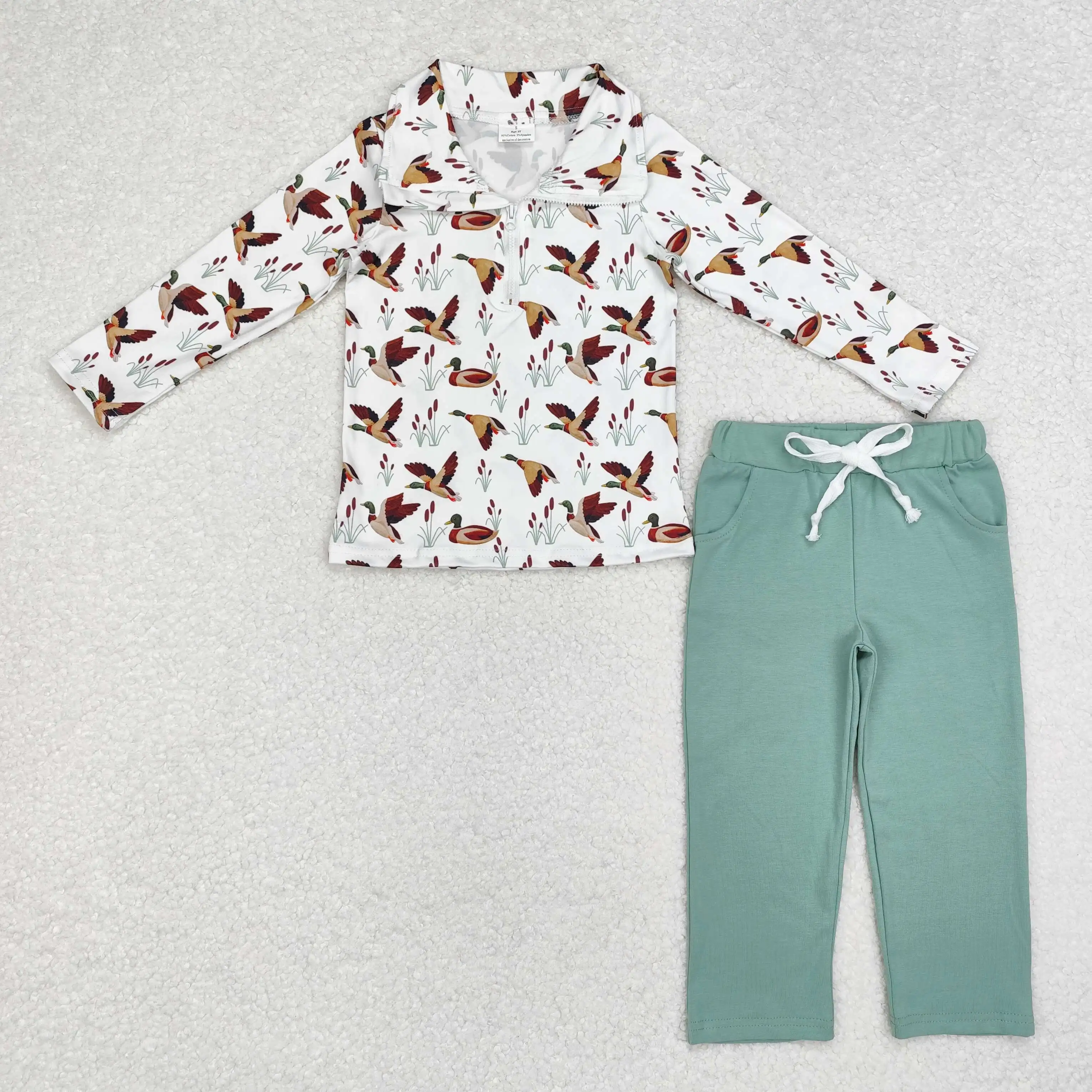Wholesale Toddler Baby Boy Duck Hunting Clothing Kids Long Sleeves Zipper Pullover Shirt Children Pocket Cotton Green Pants Sets image 2