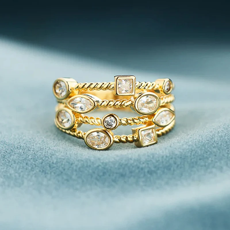 Huitan Geometrische Multi-schichten Zirkonia Ringe Frauen Moderne Modische Weibliche Täglichen Verschleiß Zubehör Hochzeit Schmuck
