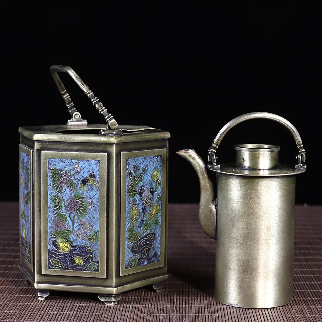 White Copper Jingte Blue Floral And Bird Hexagonal Handle Wine Warmer, Height 16Cm, Weight 678 Grams
