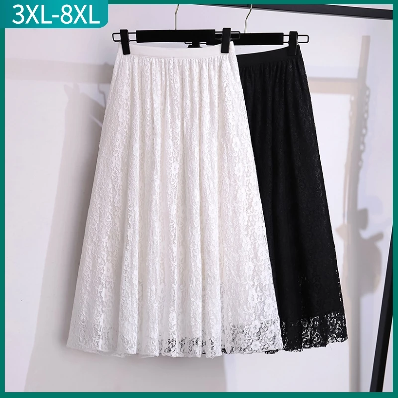 New Ladies 2023 Summer Plus Size Long Skirt For Women Large Loose Casual Black White Lace Pleated Skirt 4XL 5XL 6XL 7XL 8XL