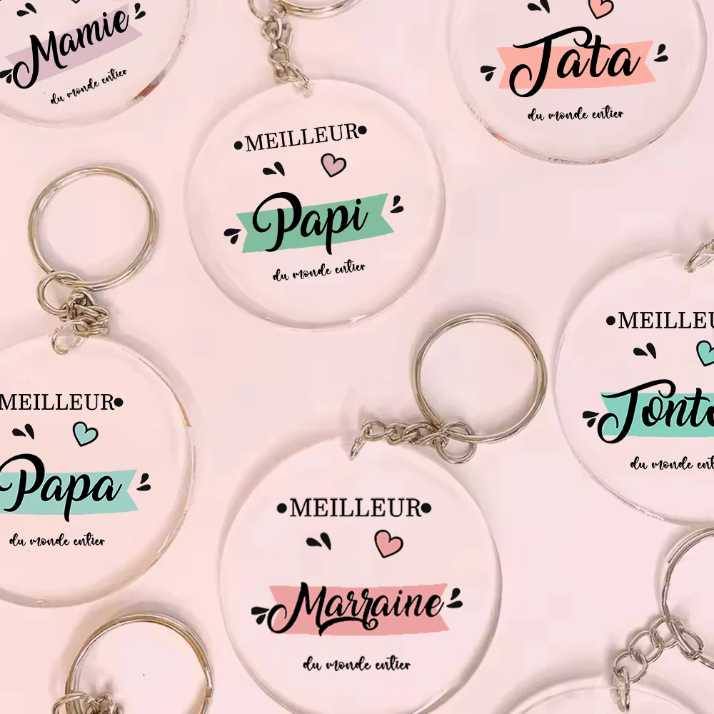 Llavero con estampado francés, cadena circular transparente, llavero acrílico, regalo festivo de cumpleaños para abuela, abuelo, tía, tío, mamá y papá