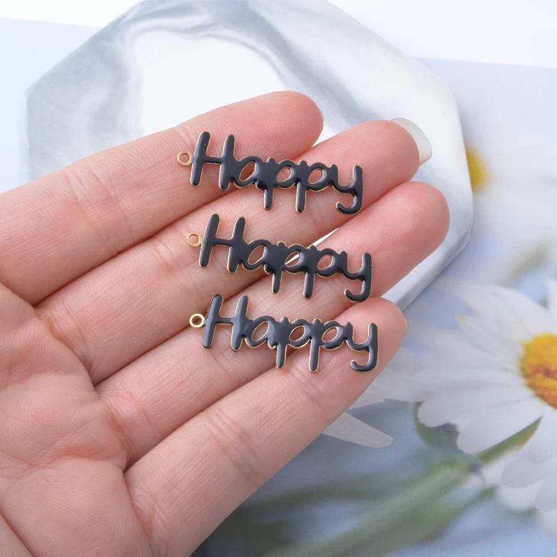 10 Stück Kupfer-Anhänger in Form von Buchstaben „Happy“ mit beidseitiger Emaillebeschichtung, Öltropfen-Optik, für DIY-Schmuckdekoration. – Detail 10