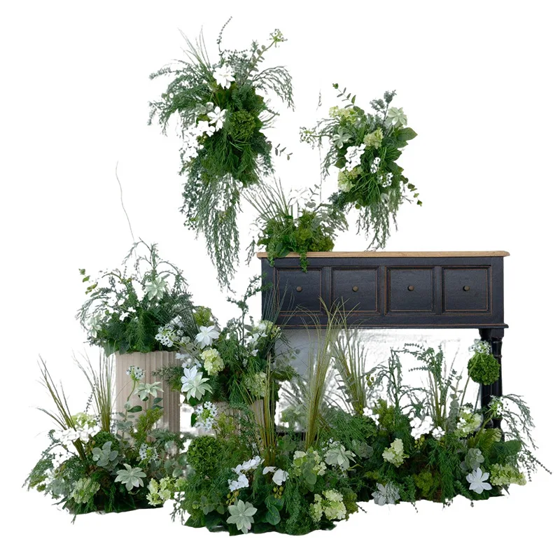 Forest-style imitation decoration with artificial flowers, staggered display windows, storefront event floral ornaments