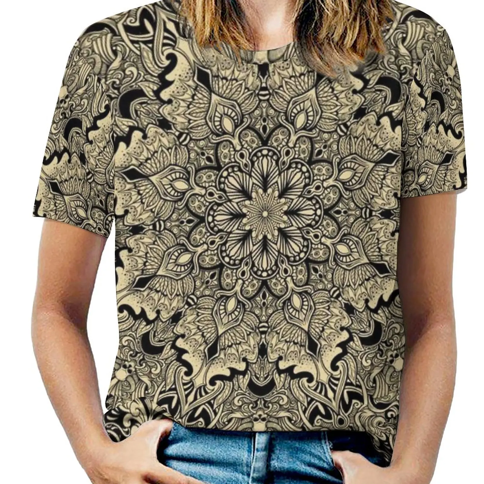 Winya No. 78 Women T-Shirt Crewneck Casual Short Sleeve Tops Summer Tees Mandala Sacred Geometry Pattern Triangle Poly