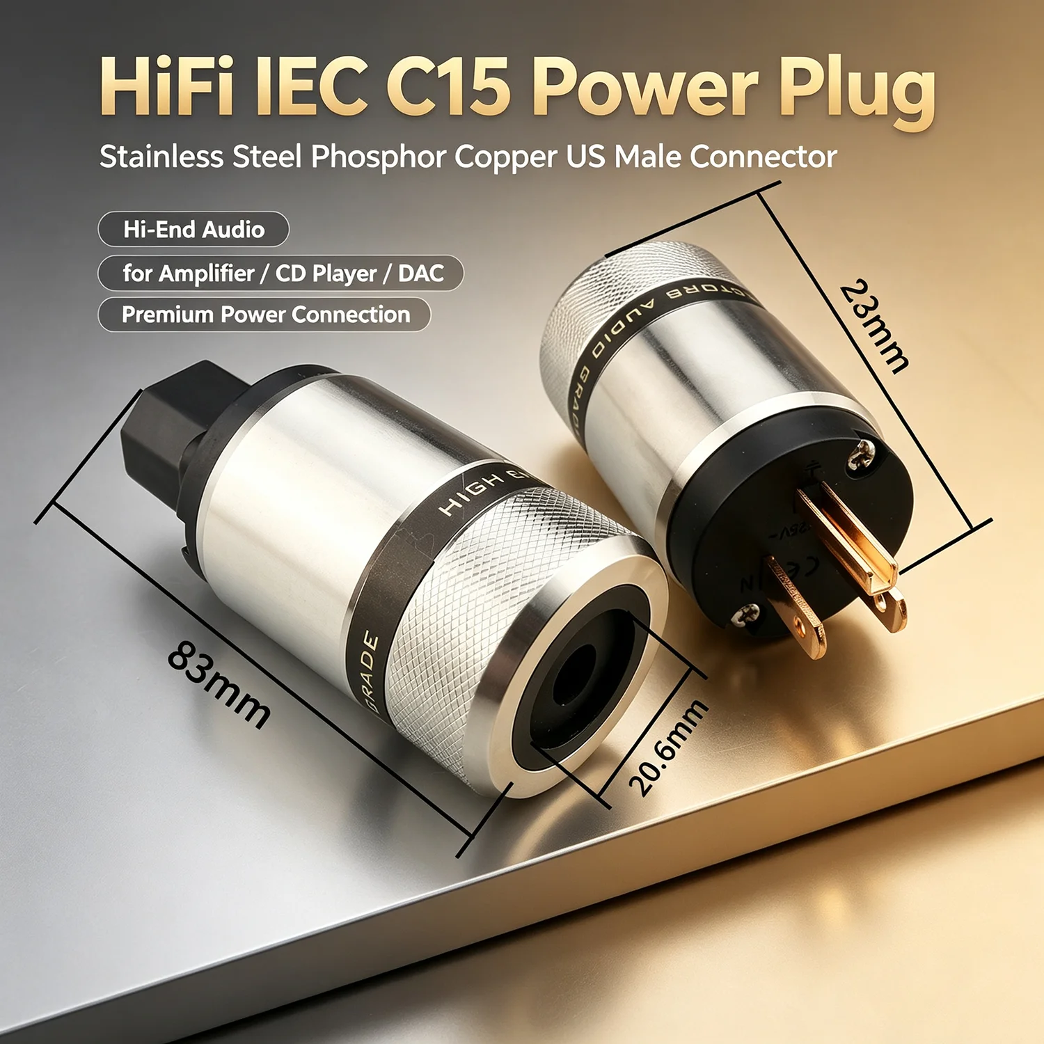 New HiFi IEC C15 Female Plug Stainless Steel Phosphor Copper US Power Connector Male Plug for Audio Equipment