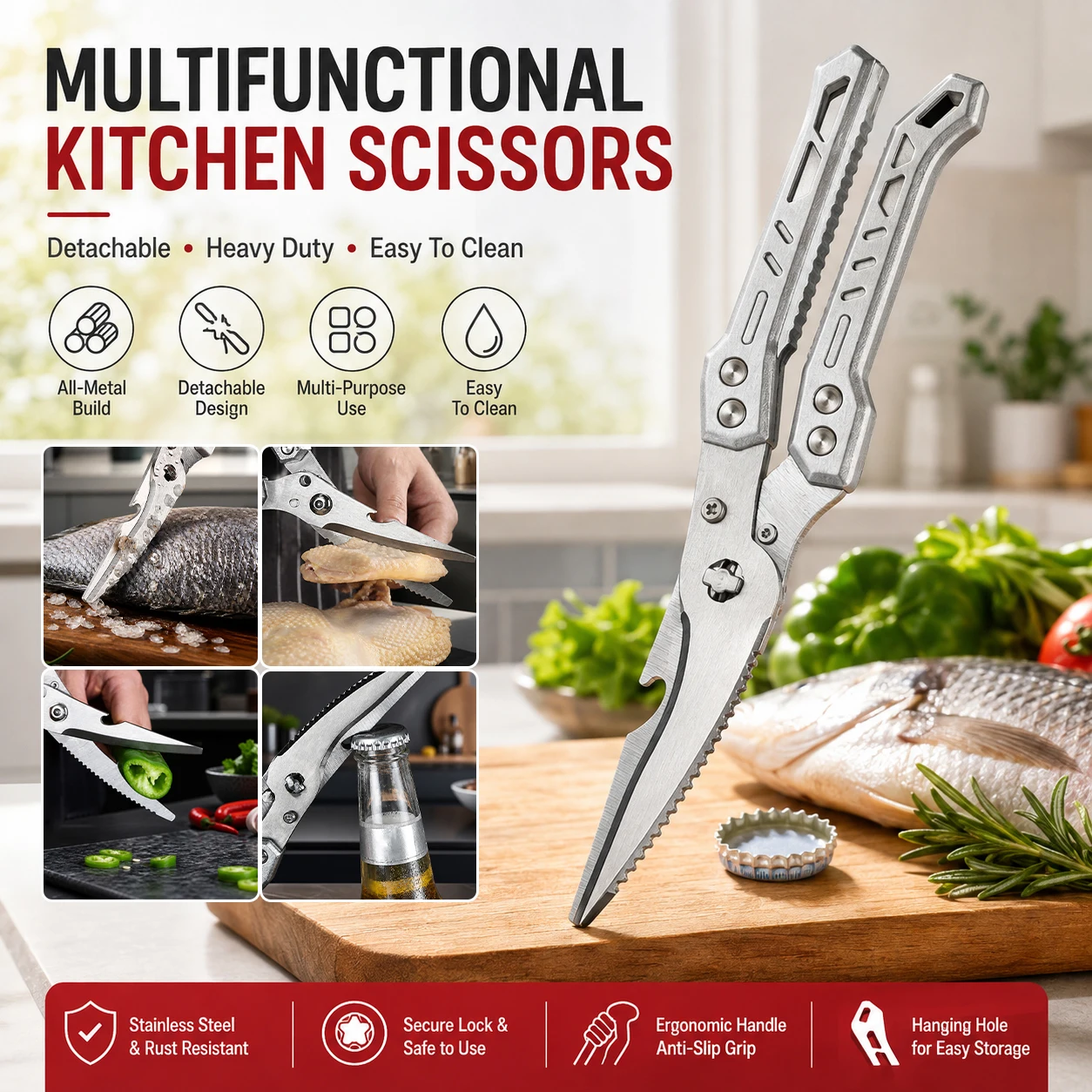 WXCOO Stainless Steel Kitchen Scissors Heavy Duty Sliver Kitchen Shears for Poultry Fish All Purpose Chicken Bone Scissor