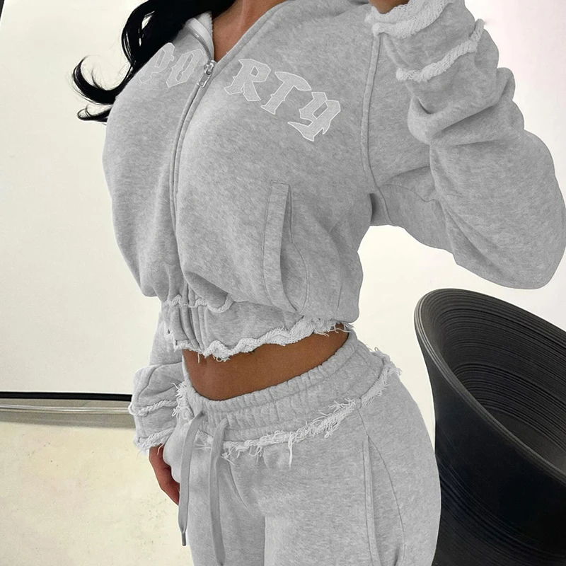 BIIKPIIK Letter Hoodie Sets Sporty Streetwear Hooded Zipper Coat Drawstring Pants Women Autumn Winter Warm Casual Two Piece Suit