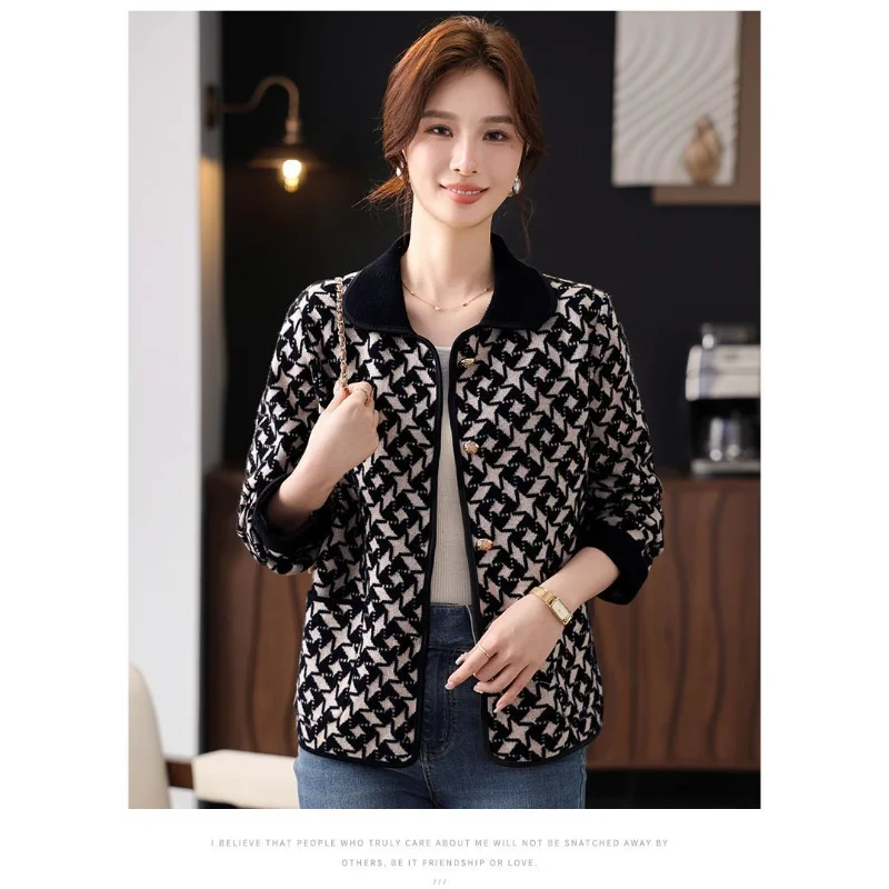 Middle-aged Mother's Coat for Women in Spring and Autumn Knitted Jacket Rich Wife Cardigan Printed Top Fashionable