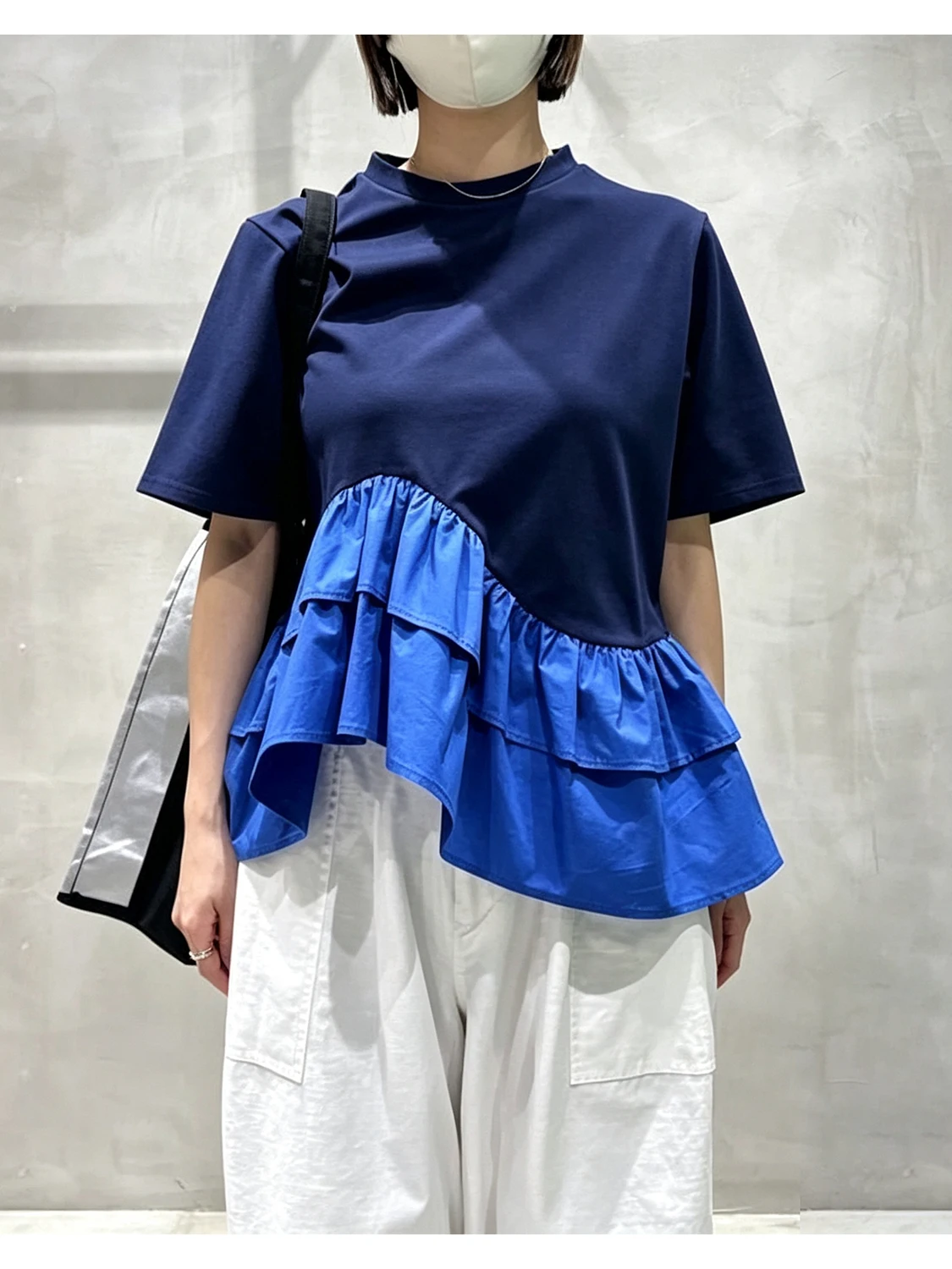 Casual Contrast Color Splicing Short Sleeve round Neck T-Shirt Women's High Waist Standard Version Cake Style Top Summer Design