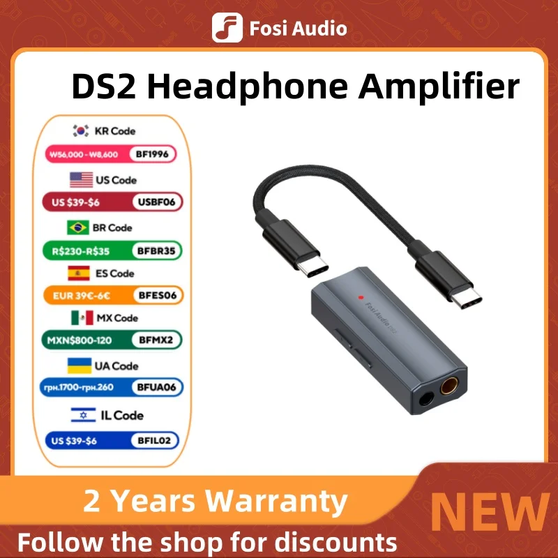 Fosi Audio DS2 2024 New Mini Audio USB DAC Headphone Amplifier DSD DAC Amp Support 32bit/384kHz with 3.5MM & 4.4MM Dual Outputs