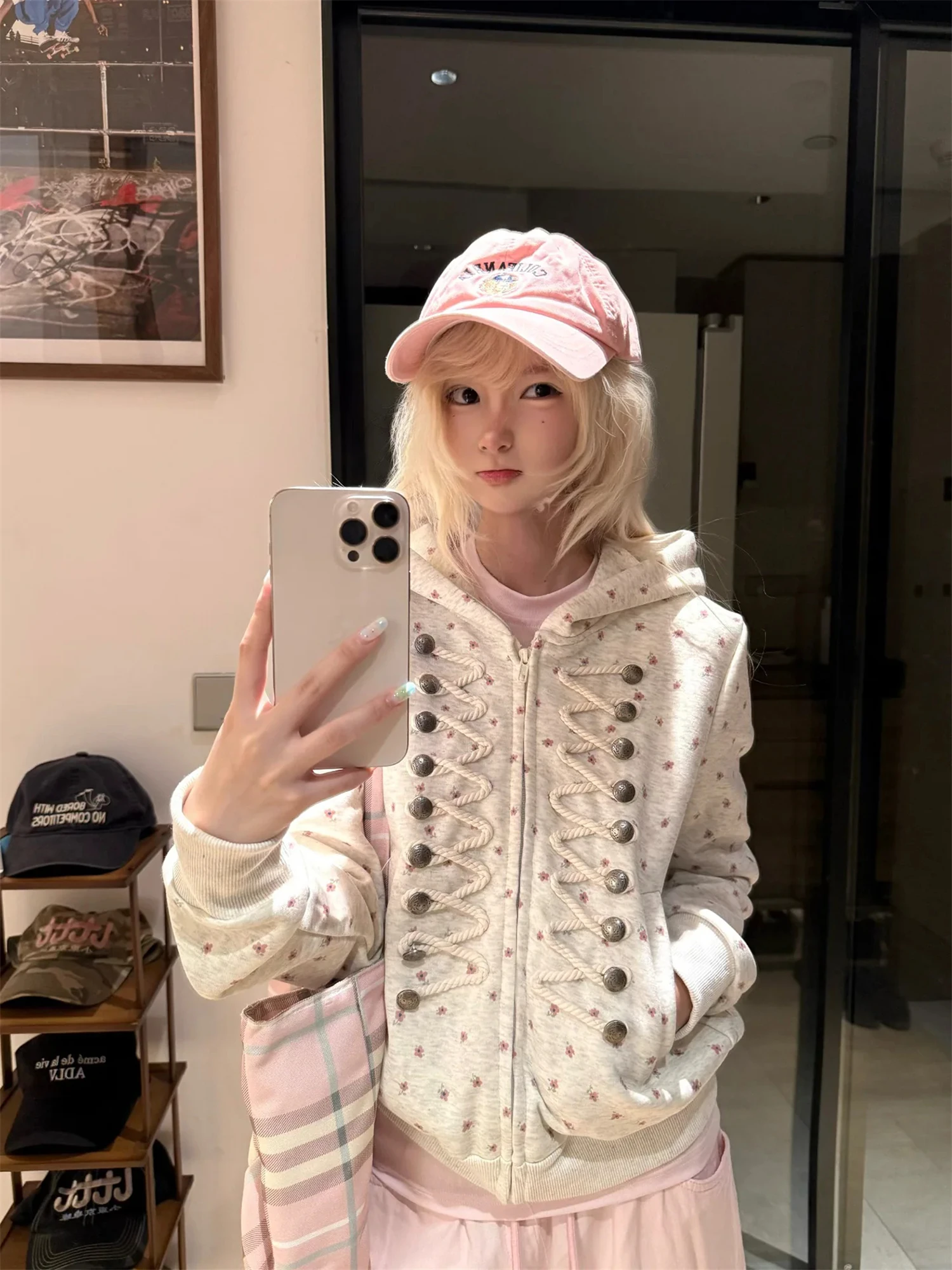 Vintage Light Gray Ditsy Floral Zip Up Hoodie Women Lace Up Button Cropped Retro Casual Streetwear Ladies Jacket