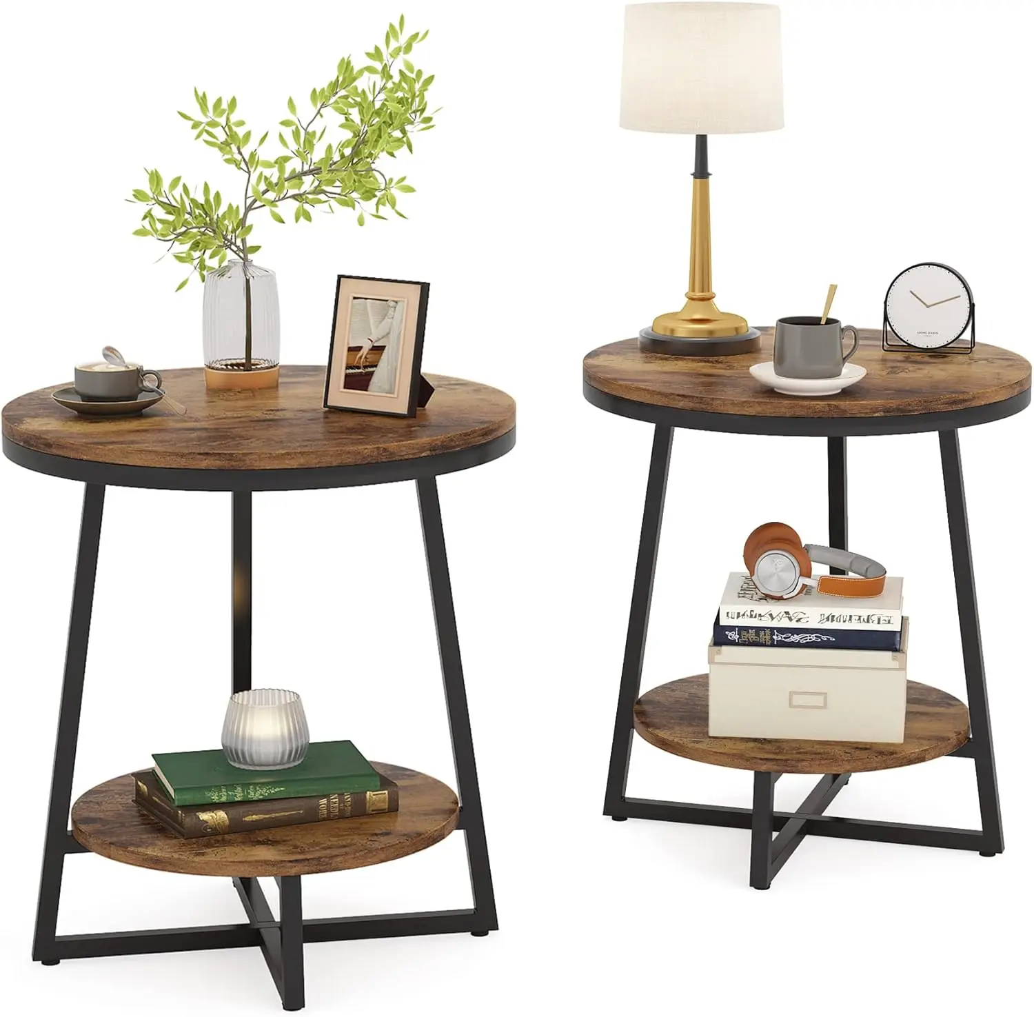 Umail Furniture Table, 2 Tier Round Side Table with Storage Shelf, Industrial Nightstand Bedside Table Coffee Accent