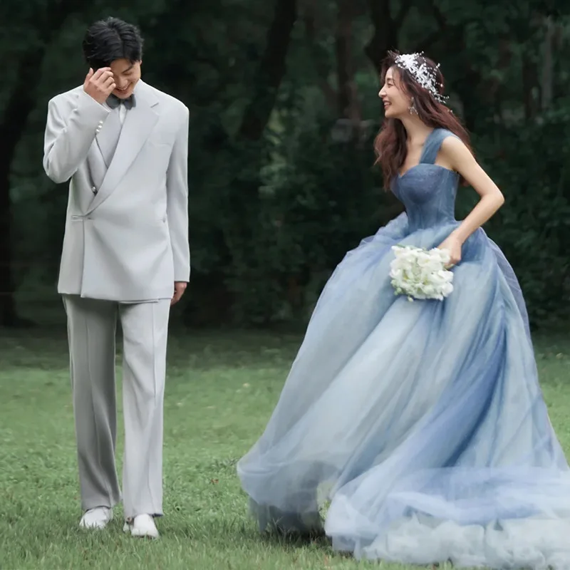 

Свадебные платья 2025 года, женские синие тюлевые платья принцессы, простое свадебное платье на бретельках, элегантные длинные милые вечерние платья по индивидуальному заказу