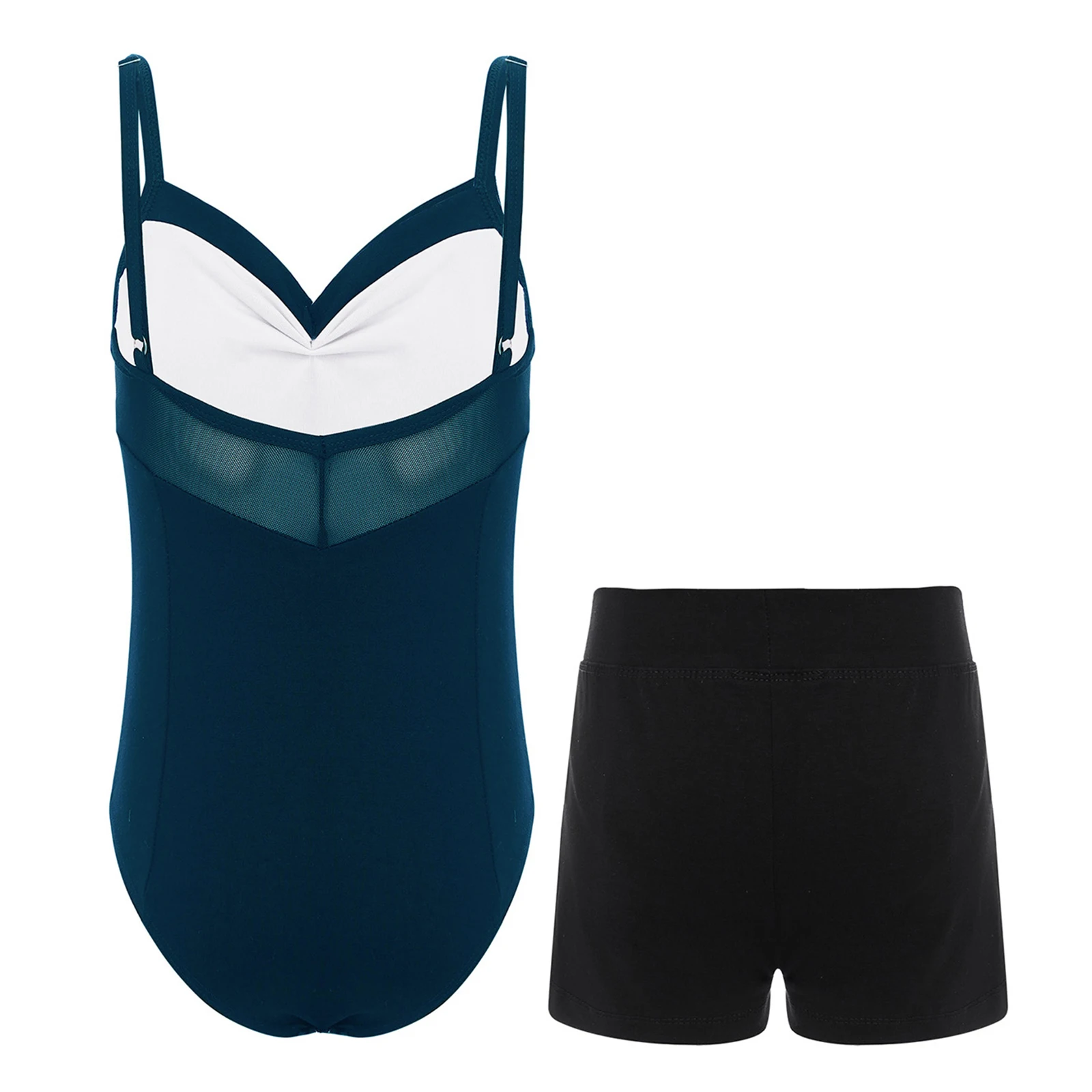 Kinder Mädchen Gymnastik Ballett Tanz Trikot Outfit ärmellos rückenfrei verstellbare Spaghettiträger gerafftes Trikot mit Shorts