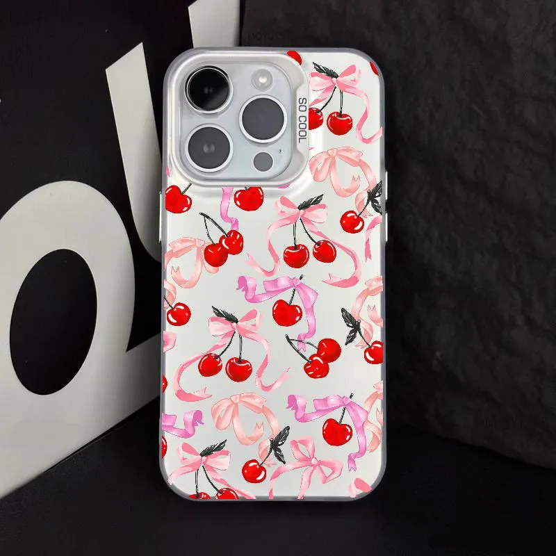 Gourde Cherry Bow case Hard IMD Frost Protective Luxury Plating Metal Cool Creative Casing for IPhone 16 15 14 12 13 11 Pro Max