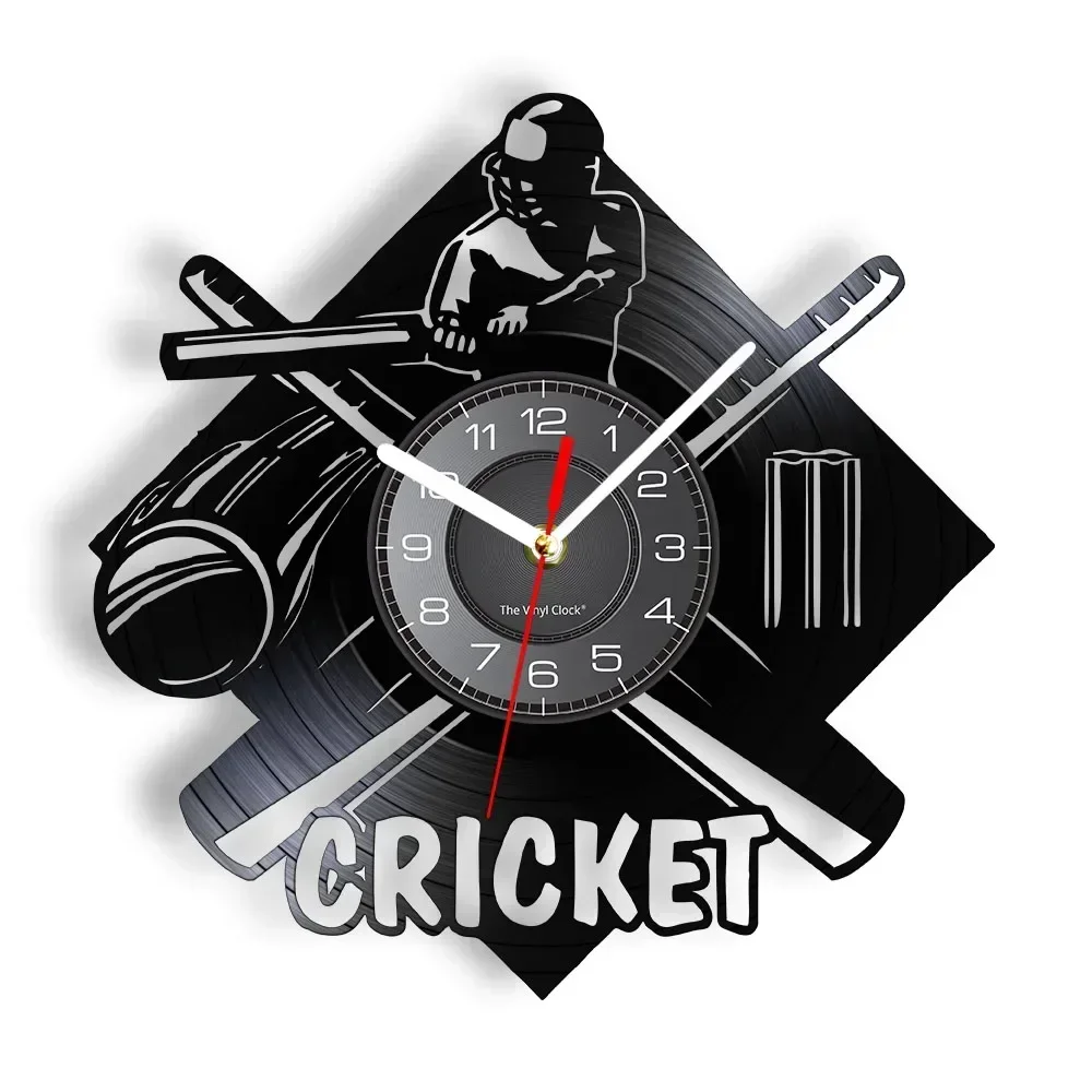 Cricket Game Carved Album Music Record Clock for Teenage Room Sports Home Decor Timepieces Vintage Wall Clock Cricketer Gift