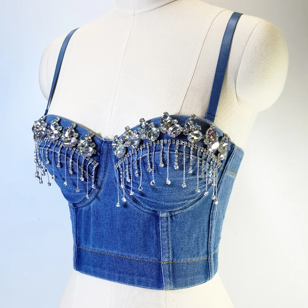Denim Bra Women's Beauty Back Vest Sexy Hottie Fishbone Sling Vest Beaded Fringed Tube Top