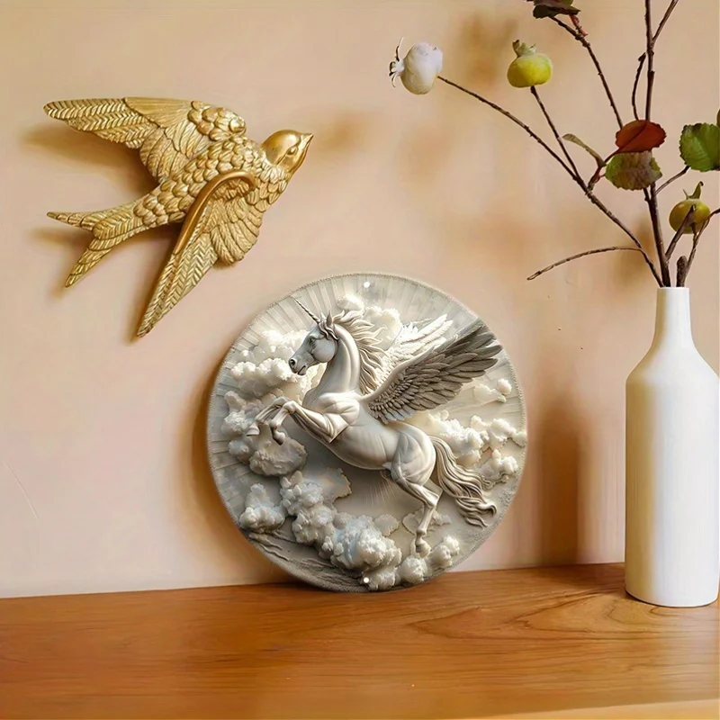 Aluminum Metal Pegasus Wall Sign, Round, Waterproof and Weather Resistant, Fantasy Art Decor for Home and Garden, 8in, 11.8in