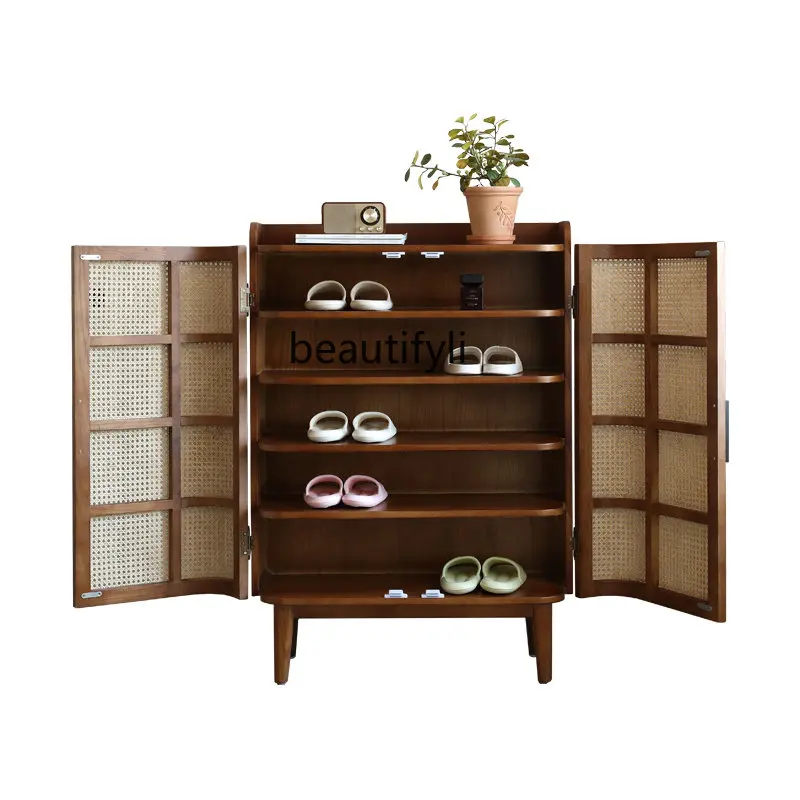 

zq Shoe Cabinet Living Room Nordic Solid Wood Storage Shoe Rack Home Doorway Storage Locker Rattan Hallway