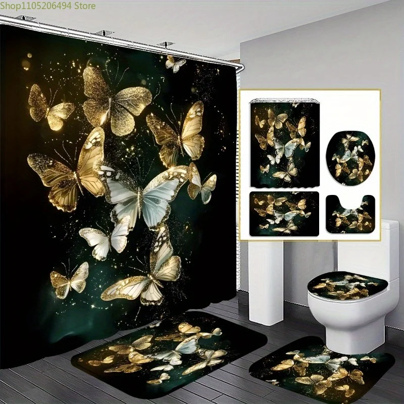 

1/3/4pcs Luxury "Shimmering Butterfly Night" Shower Curtain Set with Bath Mat, U-Shaped Mat & Toilet Cover - Golden & Black Ba
