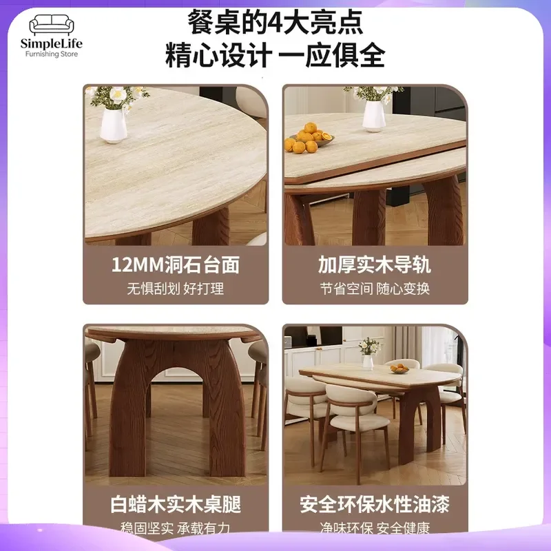 Solid Wood Rock Slab Dining Table Set Retractable Folding Extendable Kitchen Table for Small Apartment Modern Multifunctional