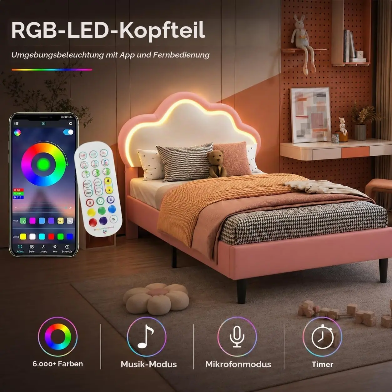 Letto per bambini Rosahqnda, 90 x 200 cm, modello «Princess» con illuminazione a LED, testiera regolabile a forma di nuvola, struttura imbottita con d