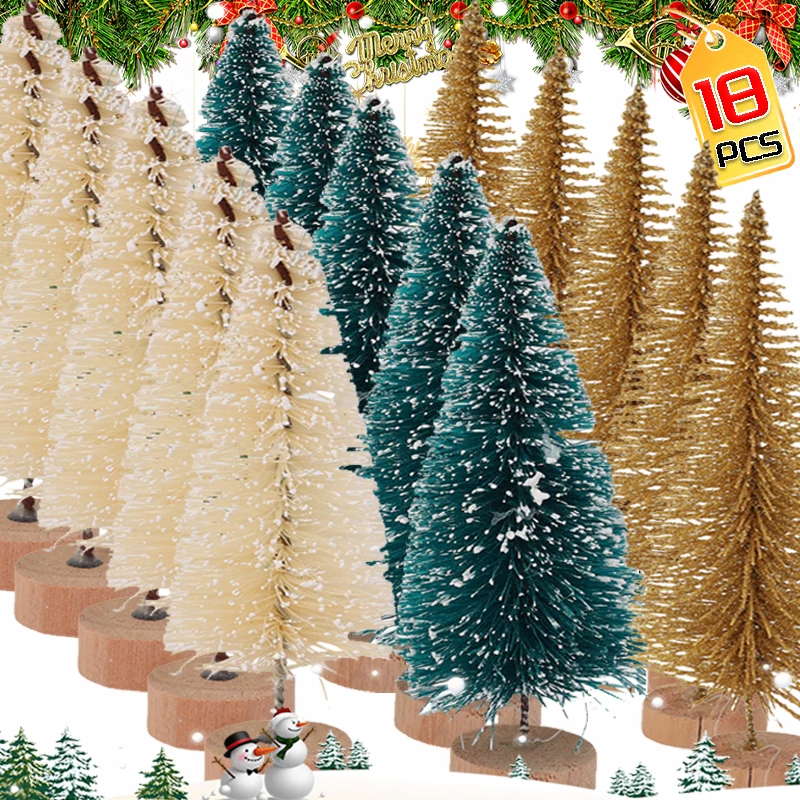 9/18PCS Mini Christmas Tree Sisal Silk Cedar Xmas Tree Miniature Gold Green White Artificial Christmas Tree Craft Tabletop Decor