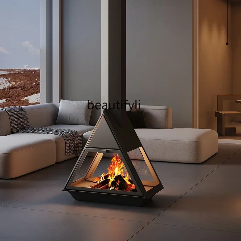 

High-end custom triangular art fireplace, hanging real fire special-shaped fireplace burning wood household heater