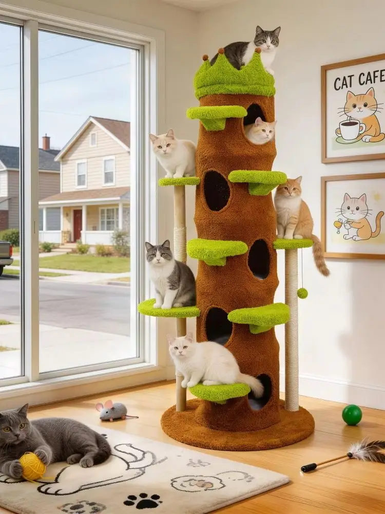 XXL Hoher Katzenbaum mit Kratzstamm, Aktivitätszentrum und großem Spielhaus für Mehrkatzen-Haushalte