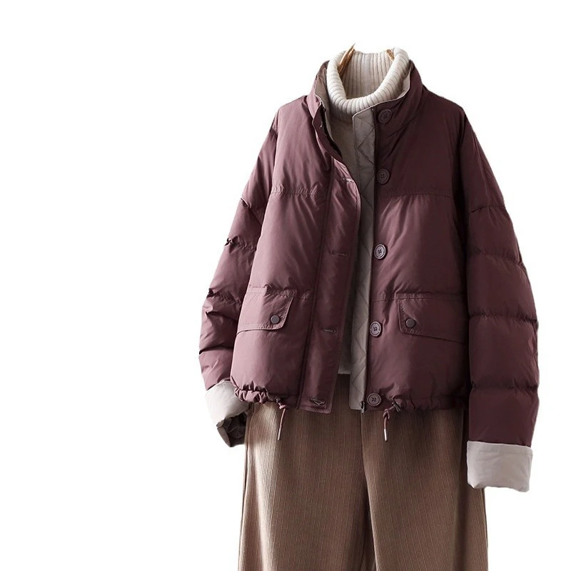 Schinteon 女性ホワイトダックダウンジャケットカジュアルルーズ秋冬生き抜くスタンドカラー韓国スタイルカラーブロックコート 2025 新しい