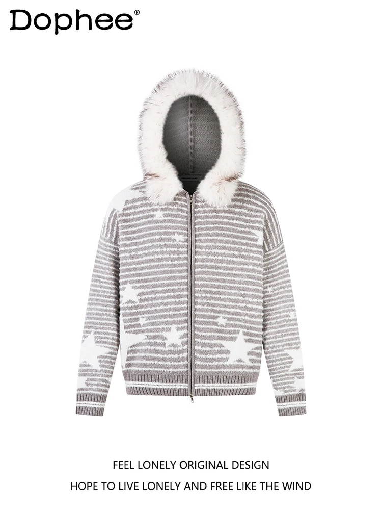 

American Retro Star Striped Fur Collar Hooded Sweater Jacket Unisex Thickened Warm Loose Casual Zipper Top