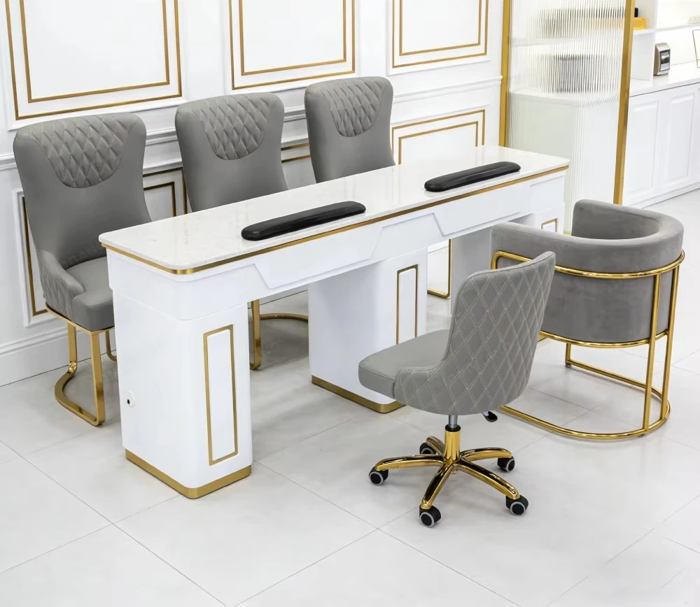 Modern large manicure table with exhaust fan and dust collector, wood marble countertop, suitable for salon manicures