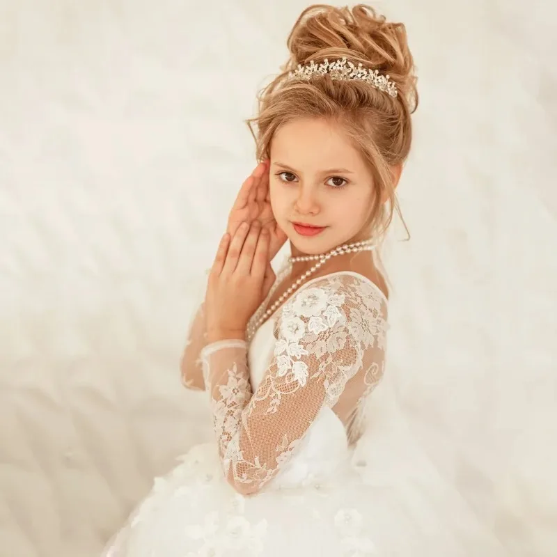 Custom Flower Girl Dress with Bow, Long Sleeves, White Tulle with Floral Appliques, Wedding, Birthday Party, and Communion Dress