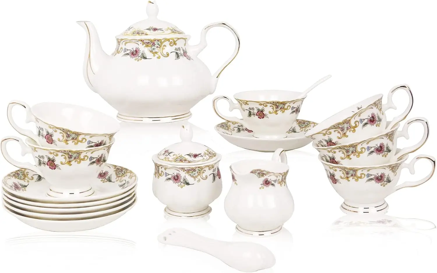 21-Piece Fine Bone China Tea Set for Adults, White Floral Porcelain English Tea Party Set with Teapot, Sugar Bowl, Creamer Pitcher and 6 Tea Cups for Women