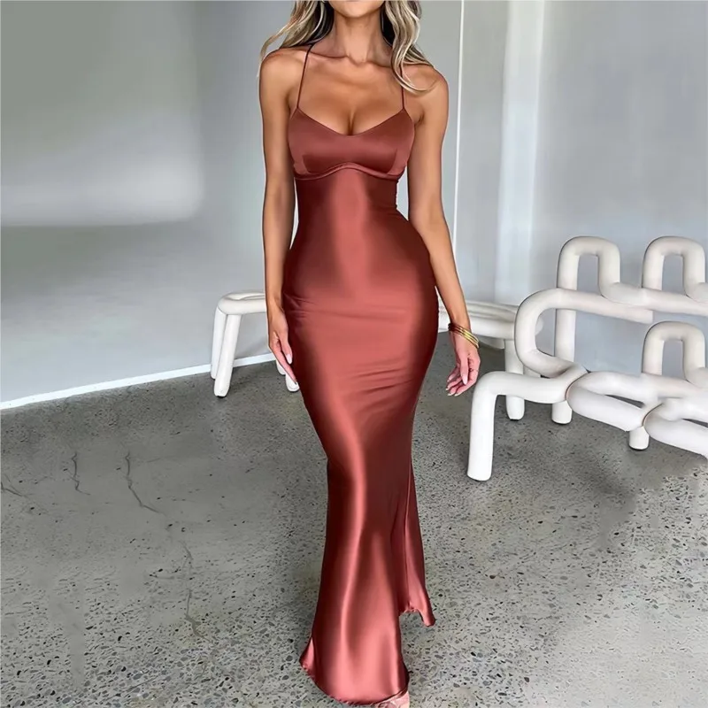 

Sexy Slim Satin Women's Maxi Dress Backless Sleeveless Solid color 2026 Summer Dinner Club Dresses Evening Party Outfit