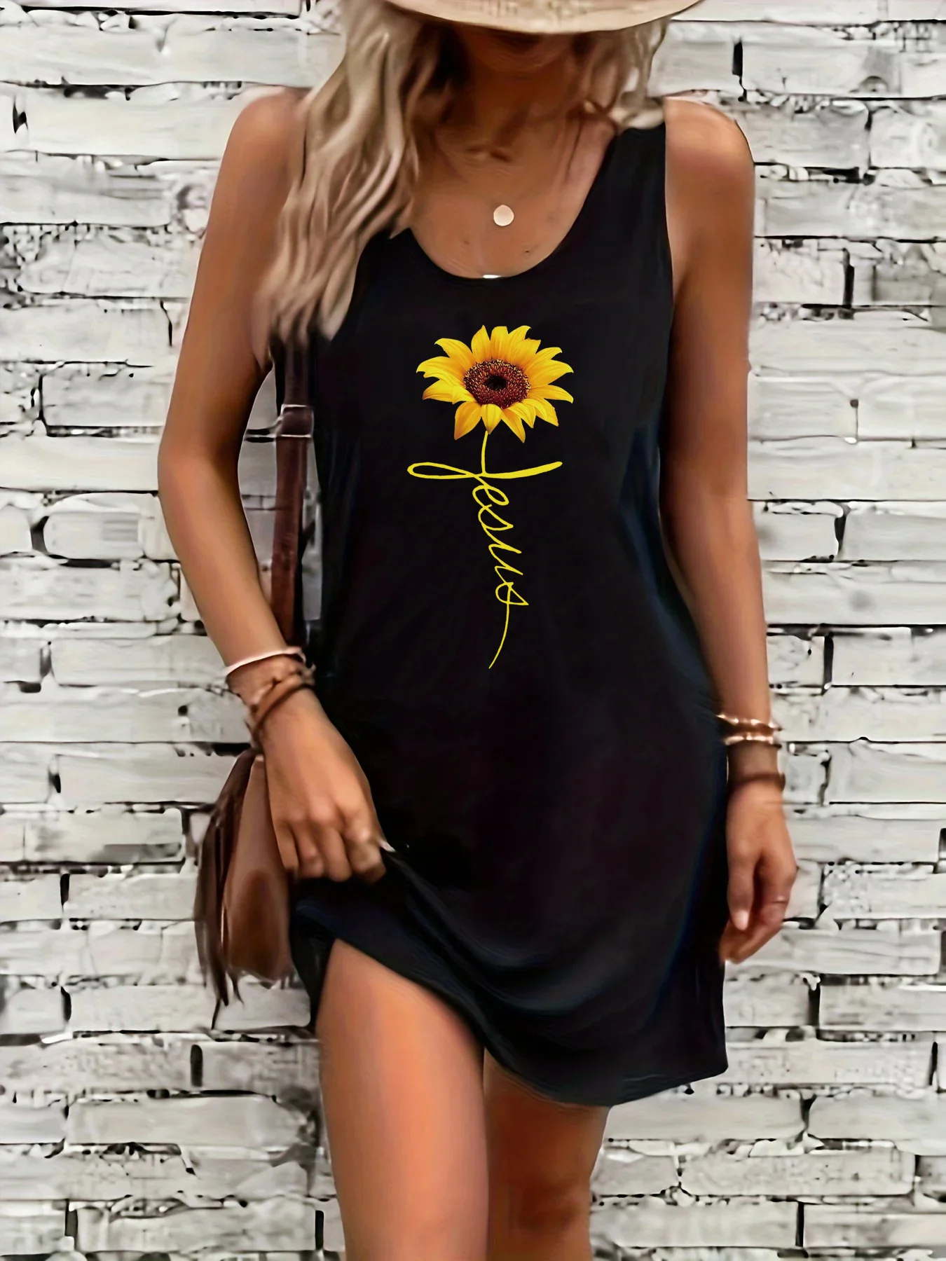 

Women's summer loose and comfortable casual cross sunflower pattern print black sleeveless vest skirt punk style dress