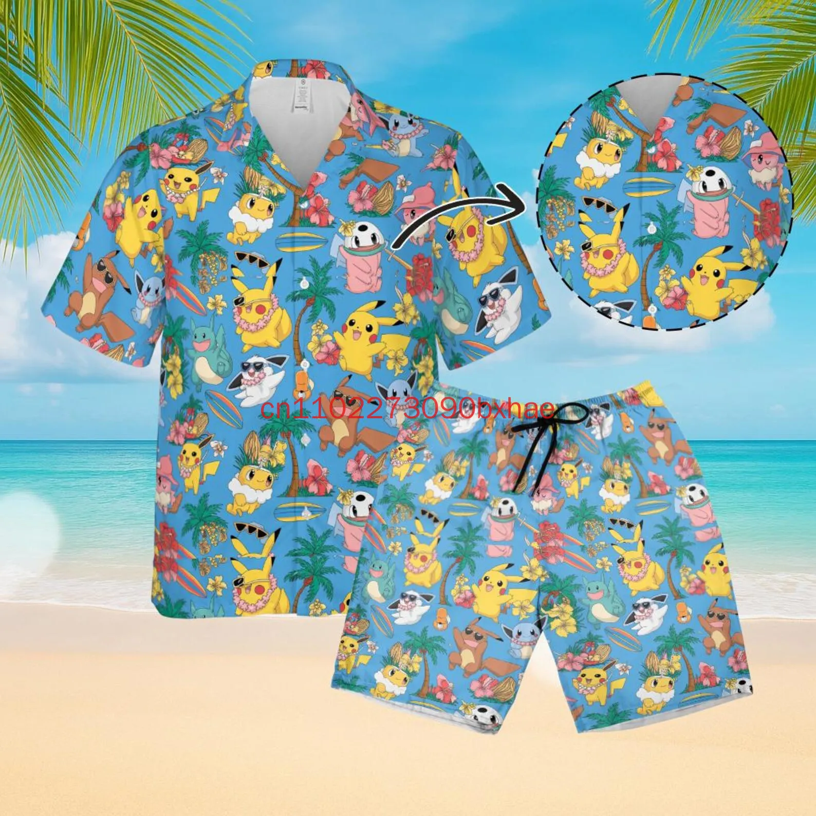 2025年新作-ポケモン-ピカチュウ-ハワイアンシャツ＆ショートパンツセット-3dプリント-メンズ＆レディース-トロピカル-ボタンダウンシャツ-サマーハワイアンショーツ